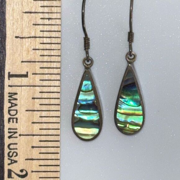 Vintage sajen silver & abalone rainbow dangle drop earrings - Picture 2 of 10